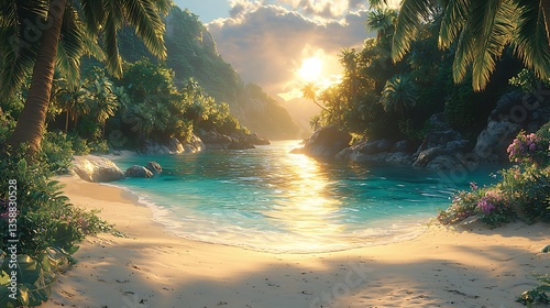 Fototapeta Naklejka Na Ścianę i Meble -  Beautiful hidden tropical beach with golden sunlight high resolution wallpaper