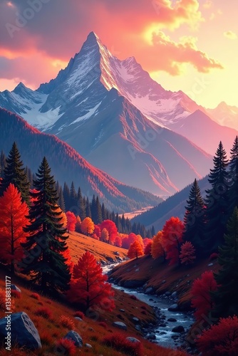 Vibrant red and orange hues paint the mountain landscape and forests, creating a stunning autumn scene,  leaves, red