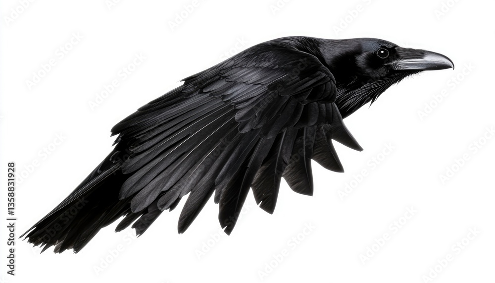 Naklejka premium Raven in flight on white backdrop for symbolism, nature studies or Halloween