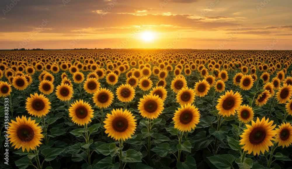 Obraz premium Field of sunflowers bathed in the warm glow of the setting sun,