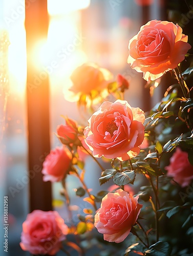 A group of orange roses bloom beautifully in the sunshine