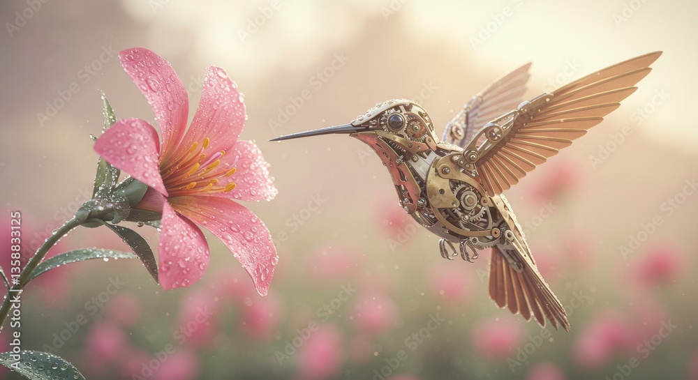 Fototapeta premium Mechanical Hummingbird in Flight Near Pink Flower Steampunk Nature Scene