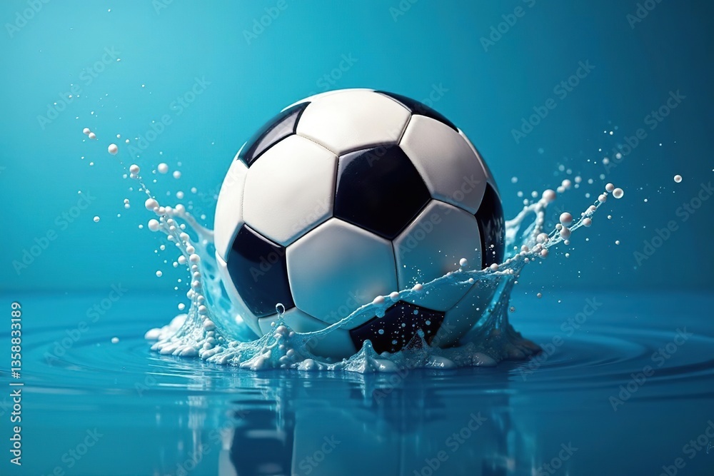 Naklejka premium Vibrant soccer ball surrounded by blue water ripples with dynamic splash effects against a fluid background, soccer, effects
