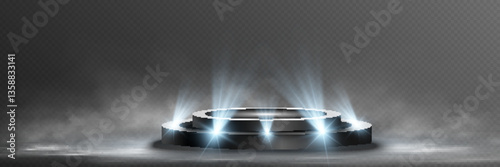 Illuminated podium with spotlights and smoke dark background for award, event, or presentation.
