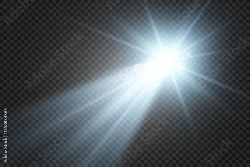 Realistic transparent spotlight effect. Stage lighting, concert, show, stadium, theater illumination. Bright glow, beams, lens flare, shine, studio, photography light.
