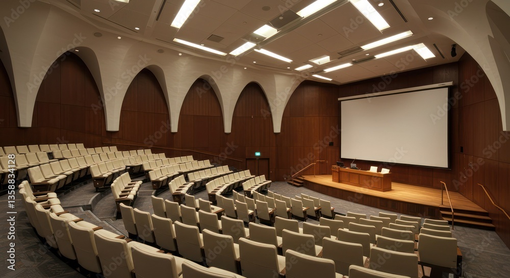 Fototapeta premium Empty auditorium features tiered seating and a presentation screen,