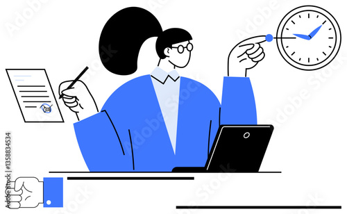 Woman holding document, pen, pointing at clock, working on laptop. Ideal for efficiency, productivity, planning, multitasking organization workplace scheduling themes. Flat simple metaphor