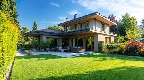 Luxurious modern villa surrounded by a sprawling lawn edged with vibrant shrubs soft sunlight creating a serene ambiance.  
