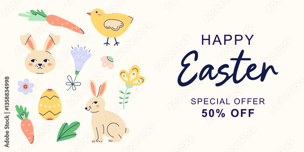 Fototapeta premium Happy Easter horizontal bannerwith hares, a chicken and flowers on the left edge on beige background. Design with text for discount. Happy Easter hand drawn card. Flat illustration with partial