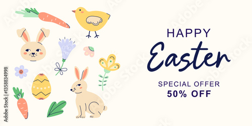 Happy Easter horizontal bannerwith hares, a chicken and flowers on the left edge on beige background. Design with text for discount. Happy Easter hand drawn card. Flat illustration with partial