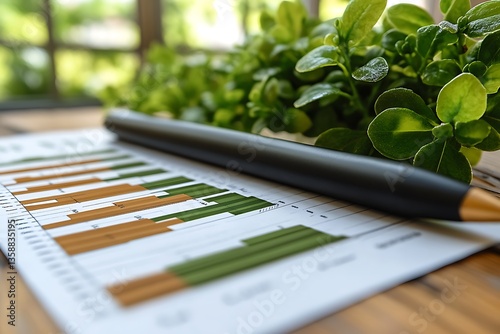 A pen rests upon a financial document with green plants beside it