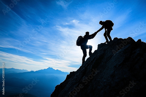 Silhouette of two people climbing a rocky mountain with a blue sky and distant mountains in the background