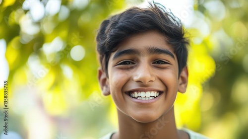 Close up portrait of cheerful hindu young guy smiling at camera.Handsome male teenager with white teeth standing outdoors.Face of positive hipster student wit stylish haircut laughing