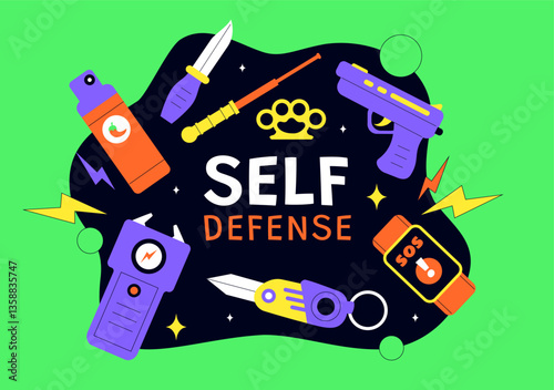 Self Defense Vector Illustration Featuring Various Types of Protective Equipment Against Danger or Threat in a Flat Style Cartoon Background