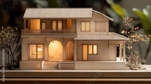 Miniature scaled-down replica of a traditional home set against a neutral backdrop intricate textures and soft lighting showcasing details. 