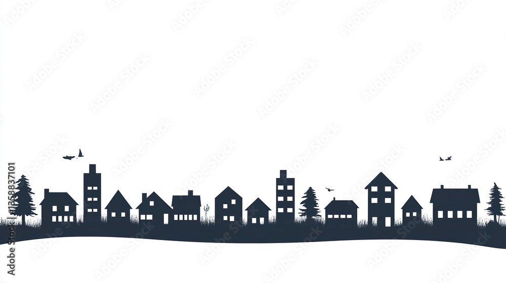 Fototapeta premium Minimalist cityscape with residential quarters small house silhouettes seamless horizontal composition clean white background airy design. 