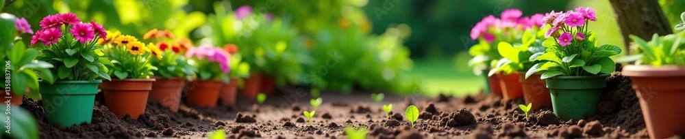 Vibrant garden scene with colorful flowers in pots and scattered seedlings, flowers, outdoor Vibrant garden scene with colorful flowers in pots and scattered seedlings, flowers, outdoor