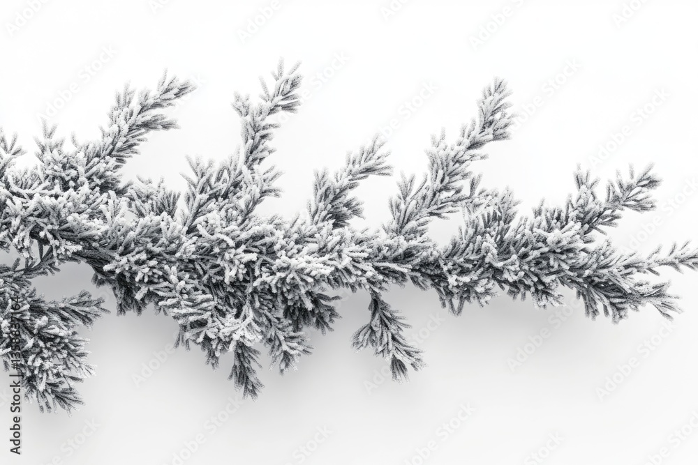 Snow-covered pine branch isolated on white background, winter aesthetic. Snow-covered pine branch isolated on white background, winter aesthetic.