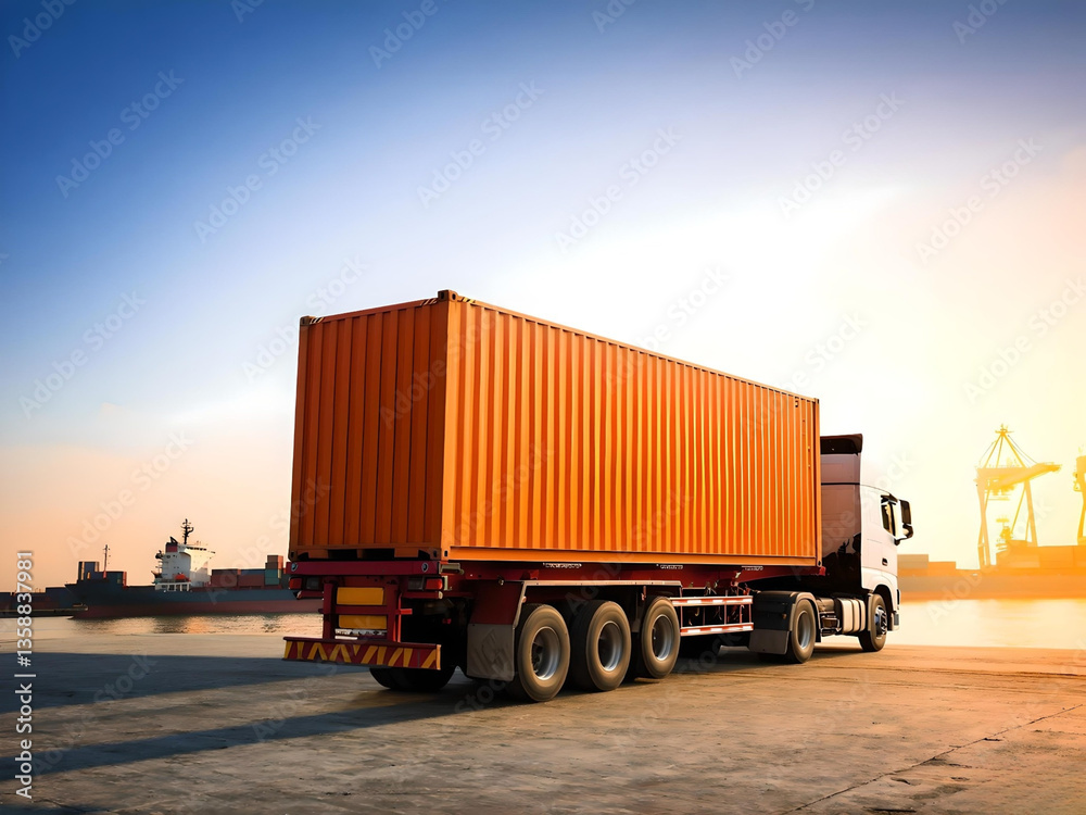 Yellow Truck with Red Shipping Container on City Dock During Sunset. Large yellow truck transporting a red container at a dock under a colorful sunset sky, with cranes and a ship in the background. Yellow Truck with Red Shipping Container on City Dock During Sunset. Large yellow truck transporting a red container at a dock under a colorful sunset sky, with cranes and a ship in the background.