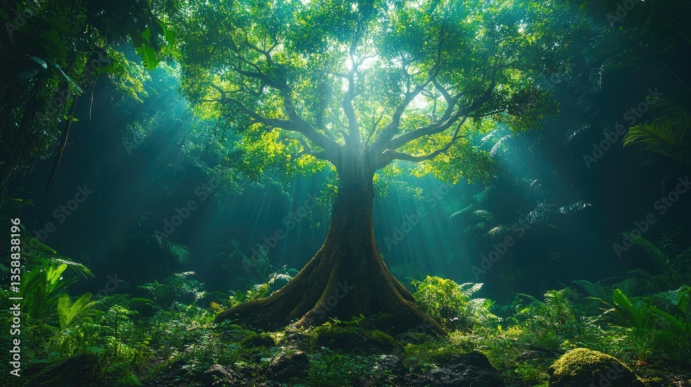 Fototapeta premium Majestic ancient tree illuminated by soft sun rays in a lush tropical forest, creating a serene and magical atmosphere