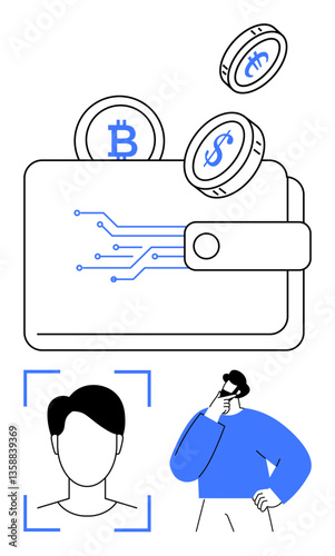 Wallet with Bitcoin and dollar coins, biometric facial scan, and thinker figure. Ideal for cryptocurrency, security, finance, identity verification, technology innovation blockchain. Flat simple