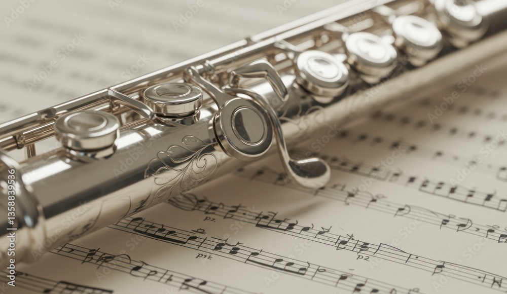 Obraz premium Close-up of a silver flute laying on top of sheet music,