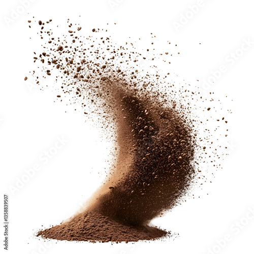 Cocoa powder explosion swirling motion dark background
