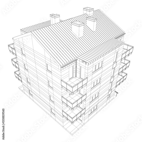 A black and white drawing of a building with a slanted roof. The building has a lot of windows and a balcony