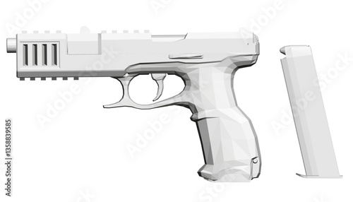 A white gun with a black handle and a black trigger. The gun is in a 3D rendering and the magazine is shown on the right