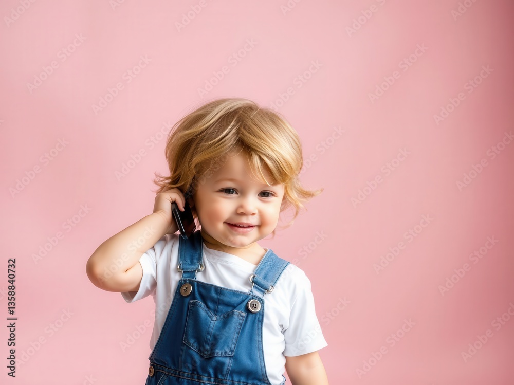 Smiling toddler boy talking on a cell phone Smiling toddler boy talking on a cell phone