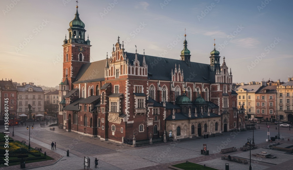 Fototapeta premium Krakow's St, Mary's Basilica in the old town square at dawn,