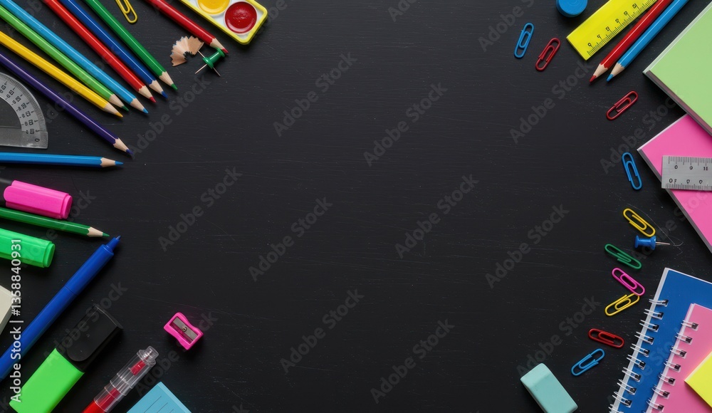 Fototapeta premium School supplies border a black surface with central copy space,
