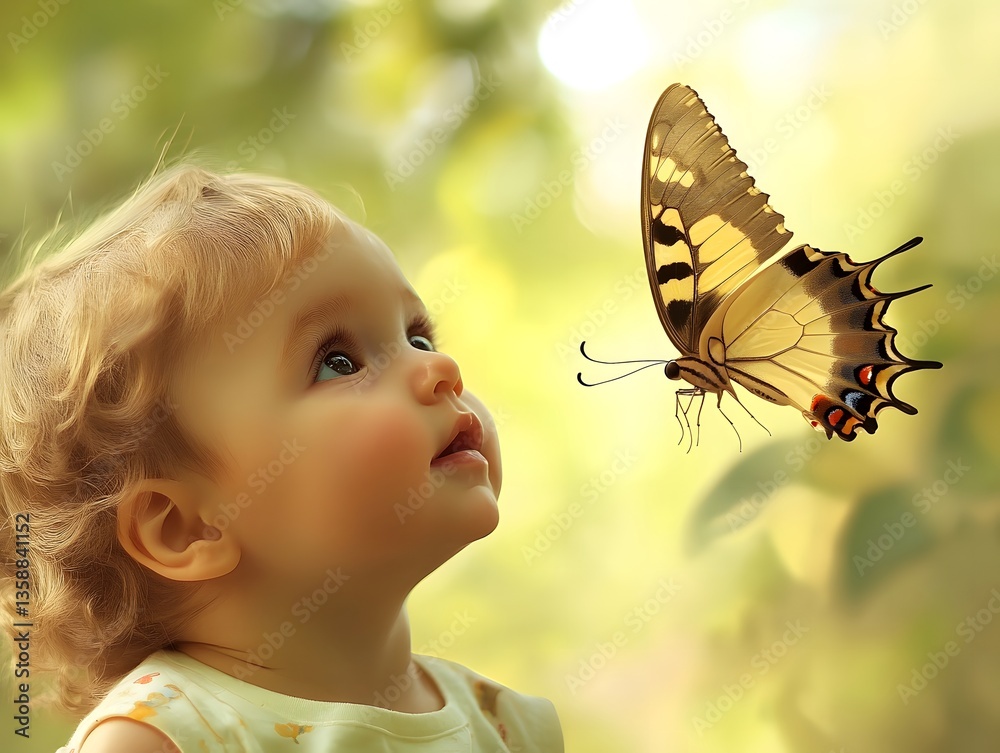 Fototapeta premium Child Gazing at Colorful Butterfly in Natural Setting