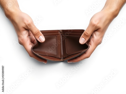 Adult man showing empty brown leather wallet