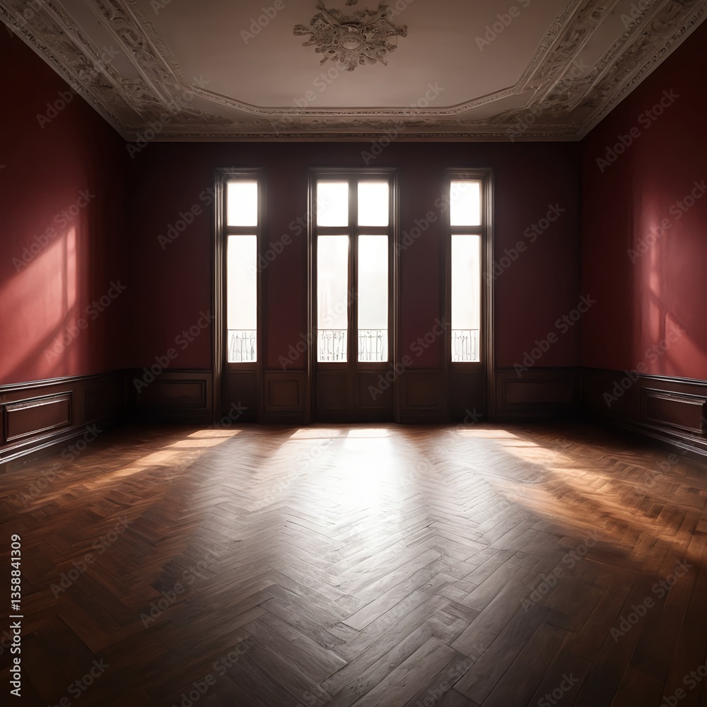Sunlit Empty Room with Herringbone Floor and Ornate Ceiling Sunlit Empty Room with Herringbone Floor and Ornate Ceiling
