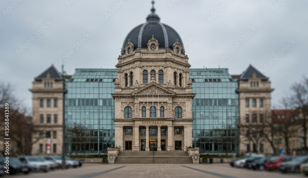Obraz premium City Hall, Architectural landmark featuring a dome and glass building,
