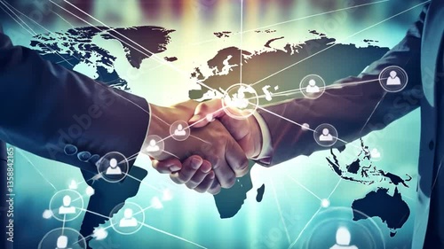 Global Partnership: A close-up of a firm handshake against a blurred backdrop of a world map with interconnected network nodes, representing global partnerships, networking.
