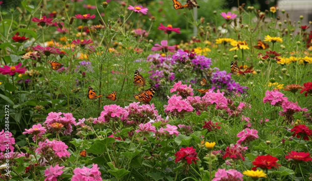 Fototapeta premium A vibrant summer garden with many monarch butterflies and flowers,