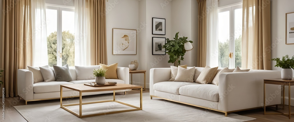 Fototapeta premium Modern Living Room Interior with Beige and Gold Accents