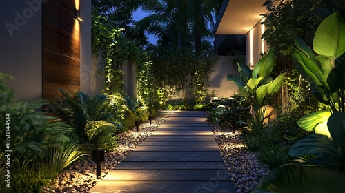 Modern villa glowing at night sleek outdoor lighting accentuating clean lines surrounded by softly illuminated greenery.  