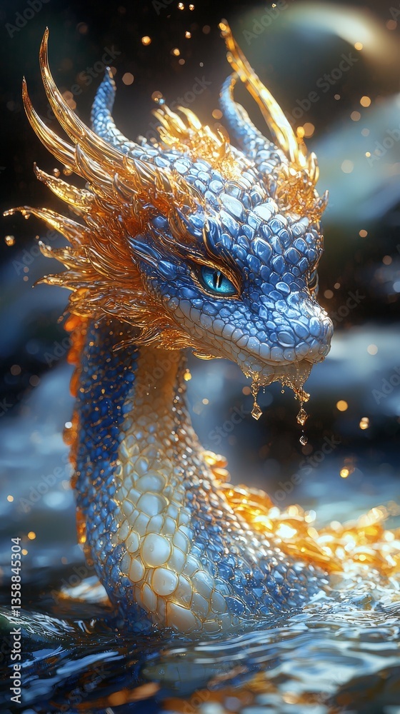 Obraz premium Fantasy-style animal, blue mixed with gold in the water, with droplets splashing like small beads. The details of the scales are beautiful