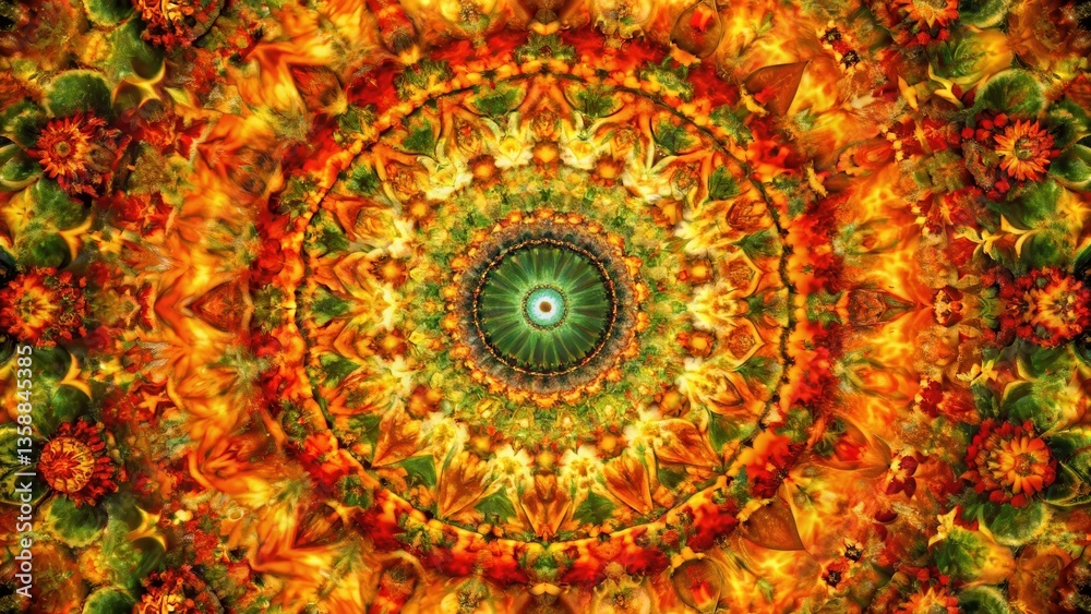 Obraz premium Intricate Autumnal Mandala A Kaleidoscope of Warm Hues and Floral Patterns Featuring Symmetrical Design Elements