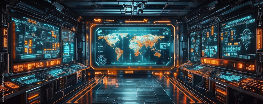 Obraz premium Cargo logistics tracking in world map and business network concept. Futuristic control room with monitors displaying world data.