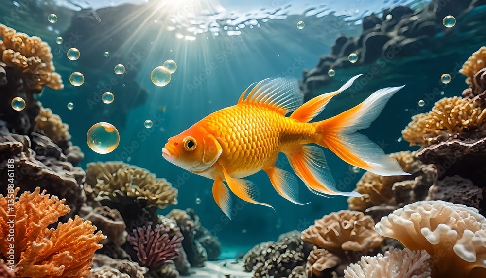 Fototapeta premium Golden Fish Swimming in Vibrant Coral Reef