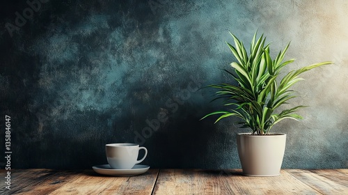 Wallpaper Mural Serene Still Life: Coffee Cup and Plant on Rustic Wood Torontodigital.ca