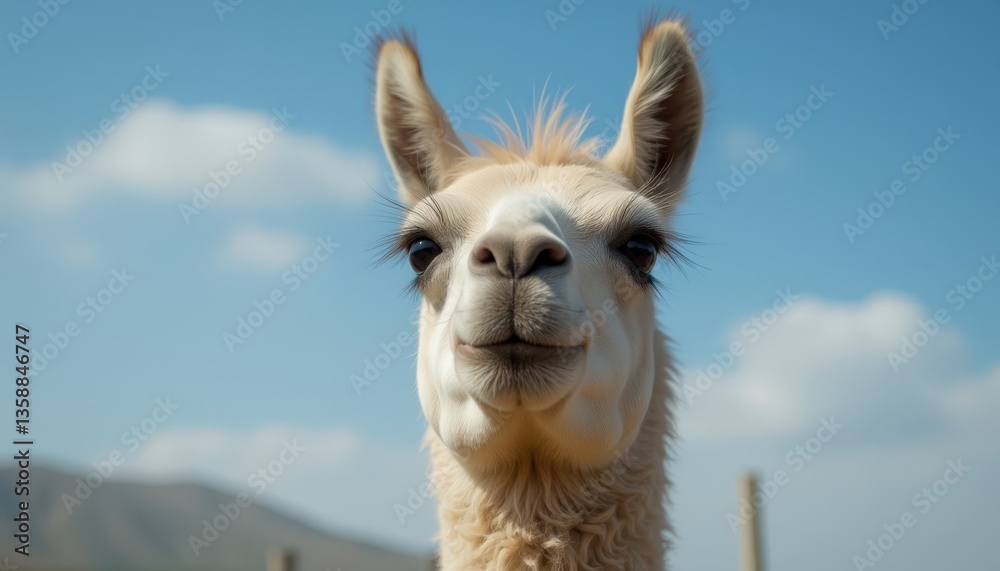 Obraz premium Llama smiling under a blue sky in a natural environment 