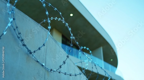 Security fence wraps modern home exterior photo