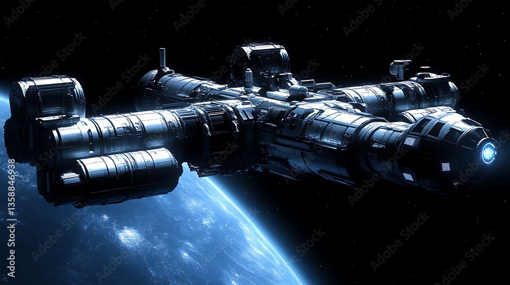 Futuristic spaceship orbiting Earth. Futuristic spaceship orbiting Earth.