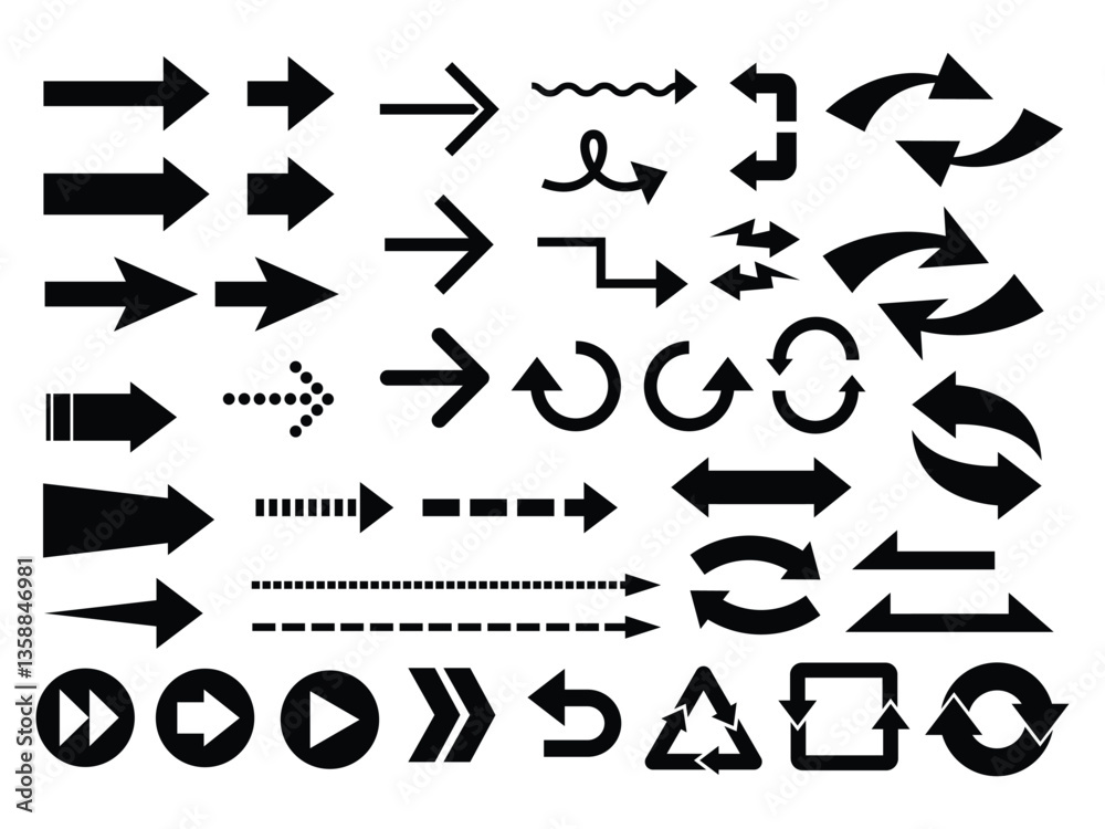 Naklejka premium Black arrow vector icon pack. Collection different arrows sign. Modern simple arrows. Vector illustration