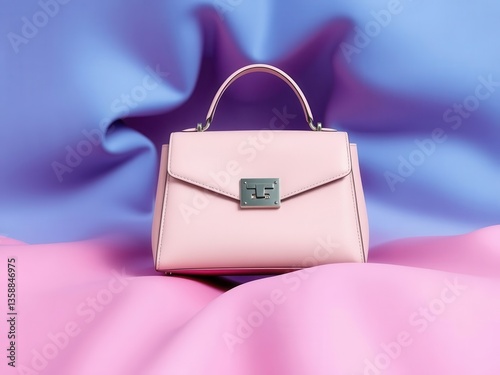 Pink Leather Handbag on Pink and Purple Fabric